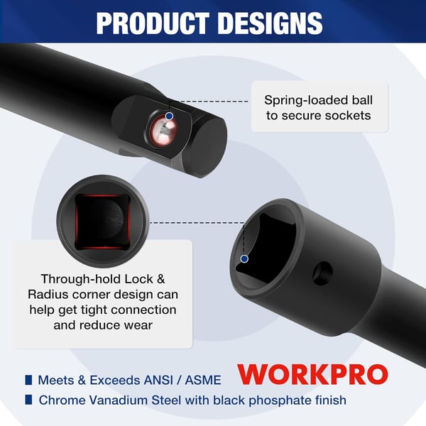 WORKPRO 9 PCS Socket Accessory Set Includes 38 Impact Drive Extension Bar Set 14 38 amp 12 Drive Universal Joints and Adapters Premium Chrome Vanadium Steel with Black Phosphate FinishWORKPRO 9 PCS Socket Accessory Set Includes 38 Impact Drive Extension Bar Set 14 38 amp 12 Drive Universal Joints and Adapters Premium Chrome Vanadium Steel with Black Phosphate Finish