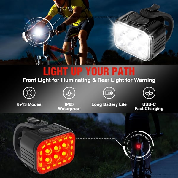 WORKPRO Bike Lights Set Ultra Bright 813 Modes Rechargeable Bicycle Light Set IP65 Waterproof Bike Lights for Night Riding 1200mAh Bike Headlight and Tail Light ReflectorsBlack