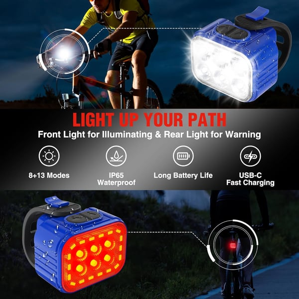 WORKPRO Bike Lights Set Ultra Bright 813 Modes Rechargeable Bicycle Light Set IP65 Waterproof Bike Lights for Night Riding 1200mAh Bike Headlight and Tail Light ReflectorsBlue