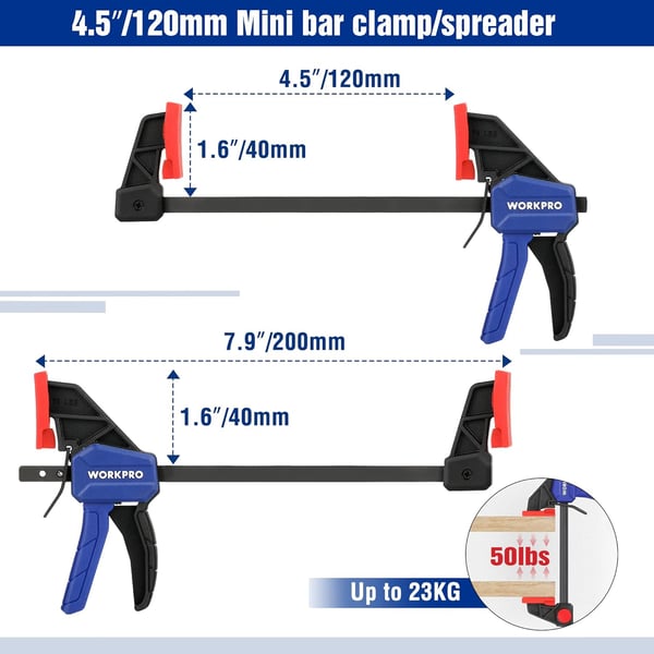 WORKPRO Mini Bar Clamps for Woodworking 62 and 4122 4Piece OneHanded ClampSpreader LightDuty QuickChange F Clamp with 150lbs Load Limit  Pink RibbonBlue