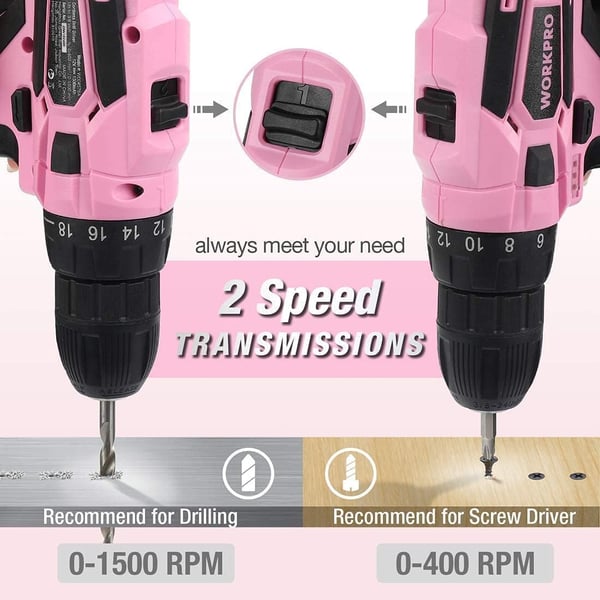 WORKPRO Pink Cordless Drill Driver Set 12V Electric Screwdriver Driver Tool Kit 38 Keyless Chuck Charger and Storage Bag Included  Pink RibbonPink