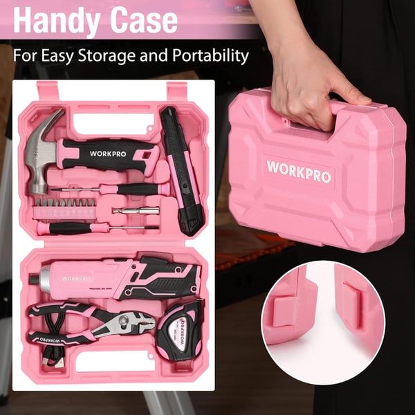 WORKPRO Pink Tool Set with 37V Rotatable Electric Screwdriver 18PCS Portable Ladies Home Tool Kit with Toolbox Cordless Electric Screwdriver Kit Household tool kit for Dorm Apartment Pink RibbonPink