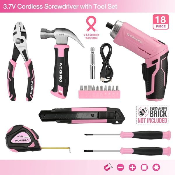 WORKPRO Pink Tool Set with 37V Rotatable Electric Screwdriver 18PCS Portable Ladies Home Tool Kit with Toolbox Cordless Electric Screwdriver Kit Household tool kit for Dorm Apartment Pink RibbonPink