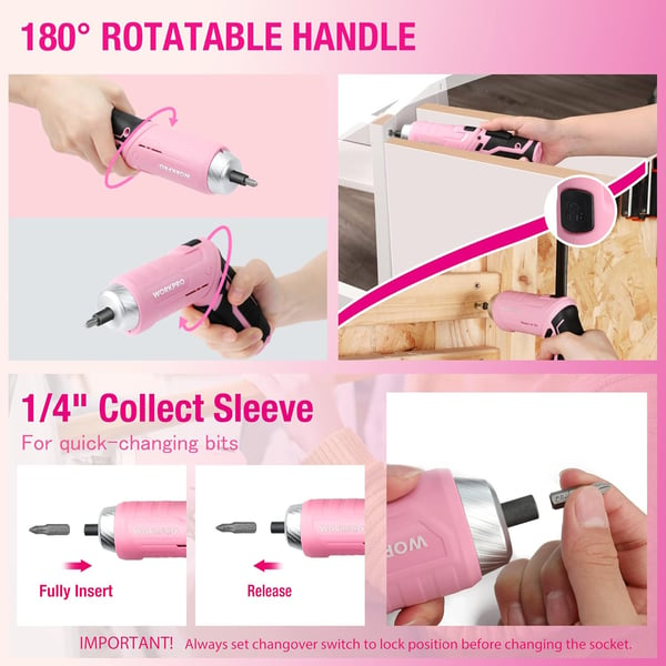 WORKPRO Pink Tool Set with 37V Rotatable Electric Screwdriver 18PCS Portable Ladies Home Tool Kit with Toolbox Cordless Electric Screwdriver Kit Household tool kit for Dorm Apartment Pink RibbonPink