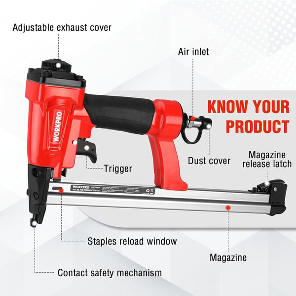 WORKPRO Pneumatic 20 Gauge Staple Gun OilFree T50 Upholstery Stapler with 1260pcs 14 to 58 Staples 200pcs Staple Capacity Adjustable Exhaust for Carpentry Woodworking and DIY ProjectsWORKPRO Pneumatic 20 Gauge Staple Gun OilFree T50 Upholstery Stapler with 1260pcs 14 to 58 Staples 200pcs Staple Capacity Adjustable Exhaust for Carpentry Woodworking and DIY Projects