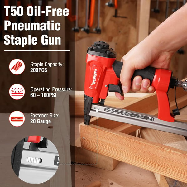 WORKPRO Pneumatic 20 Gauge Staple Gun OilFree T50 Upholstery Stapler with 1260pcs 14 to 58 Staples 200pcs Staple Capacity Adjustable Exhaust for Carpentry Woodworking and DIY ProjectsWORKPRO Pneumatic 20 Gauge Staple Gun OilFree T50 Upholstery Stapler with 1260pcs 14 to 58 Staples 200pcs Staple Capacity Adjustable Exhaust for Carpentry Woodworking and DIY Projects