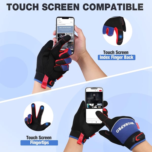 WORKPRO Safety Work Gloves Mechanic Working Gloves for Men Women Touch Screen Terry Fabric NonSlipBlue