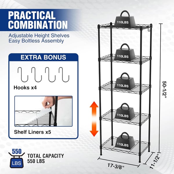 WORKPRO Storage Shelves 5Tier Metal Shelving Garage Wire Rack 1738W x 1112D x 5112H 550 LBS Load Capacity Standing Food Shelving Unit Adjustable Shelf for Kitchen Pantry Closet Garage1738W x 1112D x 5112H