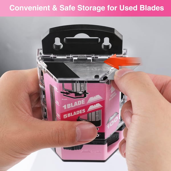 WORKPRO Utility Knife Blades 100Pack Utility Blades Replacement with Dispenser SK5 Carbon Steel  Pink RibbonPink