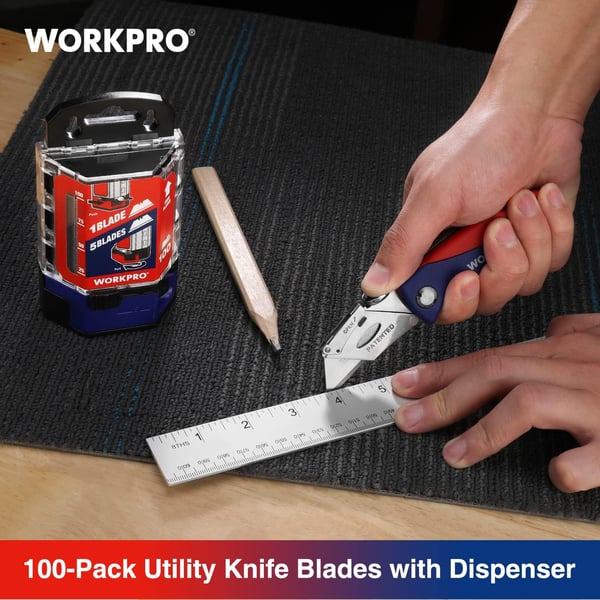 WORKPRO Utility Knife Blades 100Pack Utility Blades Replacement with Dispenser SK5 Carbon Steel  Pink RibbonRed