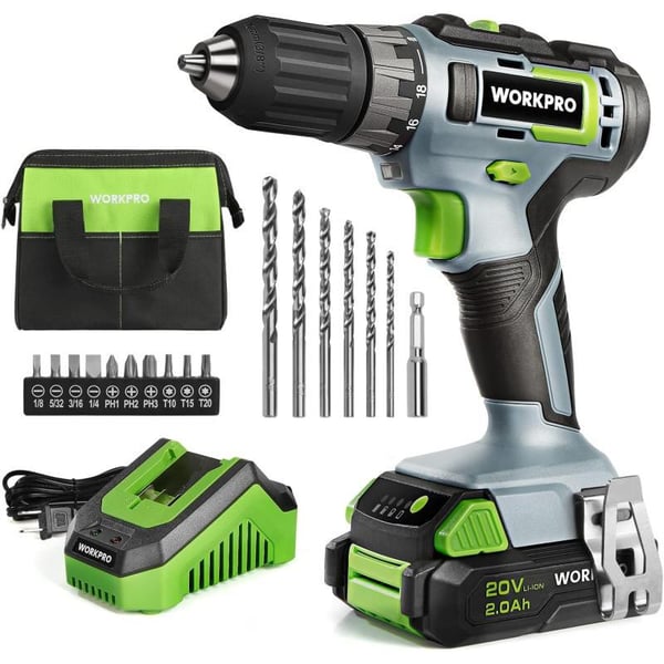 WORKPRO 20V Pink Cordless Drill Driver Set 38 Keyless Chuck 20 Ah Liion Battery 1 Hour Fast Charger and 11inch Storage Bag IncludedGreen