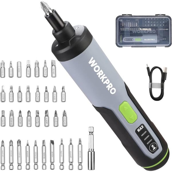 WORKPRO 4V Electric Screwdriver Rechargeable Cordless Screwdriver Set with 35 Bits Extension Rod USB Charging Cable in Carrying Case LED Light White GrayBlack Gray