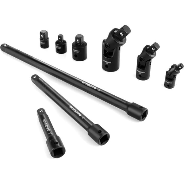 WORKPRO 9 PCS Socket Accessory Set Includes 38 Impact Drive Extension Bar Set 14 38 amp 12 Drive Universal Joints and Adapters Premium Chrome Vanadium Steel with Black Phosphate FinishWORKPRO 9 PCS Socket Accessory Set Includes 38 Impact Drive Extension Bar Set 14 38 amp 12 Drive Universal Joints and Adapters Premium Chrome Vanadium Steel with Black Phosphate Finish