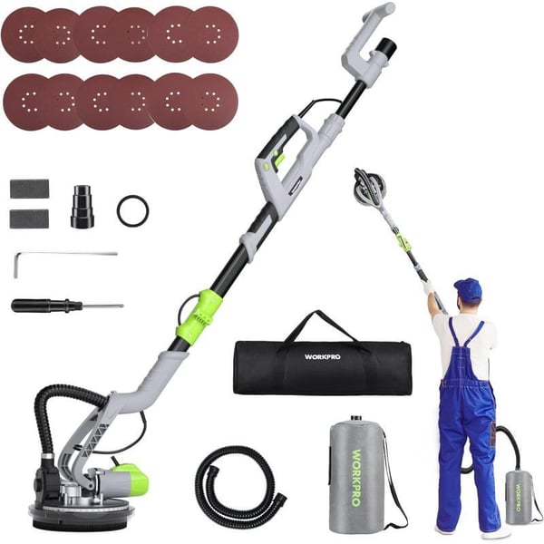 WORKPRO Drywall Sander 720W Electric Sander with Vacuum 7 Variable Speed 11001850 RPM Wall Sander with 12 Pcs Sanding discs LED Light Extendable Handle Long Dust Hose and Storage BagWORKPRO Drywall Sander 720W Electric Sander with Vacuum 7 Variable Speed 11001850 RPM Wall Sander with 12 Pcs Sanding discs LED Light Extendable Handle Long Dust Hose and Storage Bag