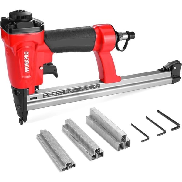 WORKPRO Pneumatic 20 Gauge Staple Gun OilFree T50 Upholstery Stapler with 1260pcs 14 to 58 Staples 200pcs Staple Capacity Adjustable Exhaust for Carpentry Woodworking and DIY ProjectsWORKPRO Pneumatic 20 Gauge Staple Gun OilFree T50 Upholstery Stapler with 1260pcs 14 to 58 Staples 200pcs Staple Capacity Adjustable Exhaust for Carpentry Woodworking and DIY Projects