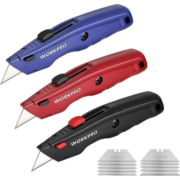 WORKPRO Premium Utility Knife Retractable All Metal Heavy Duty Box Cutter Quick Change Blade Razor Knife with 10 Extra Blades Set of 3 Black Red BlueWORKPRO Premium Utility Knife Retractable All Metal Heavy Duty Box Cutter Quick Change Blade Razor Knife with 10 Extra Blades Set of 3 Black Red Blue