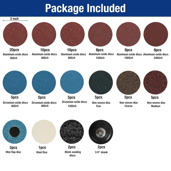 WORKPRO 101pieces Sanding Discs Set 2 inch Discs with 14 inch Holder Surface Conditioning Disc for Die Grinder Surface Prep Strip Grind Polish Burr Finish Rust Paint RemovalWORKPRO 101pieces Sanding Discs Set 2 inch Discs with 14 inch Holder Surface Conditioning Disc for Die Grinder Surface Prep Strip Grind Polish Burr Finish Rust Paint Removal