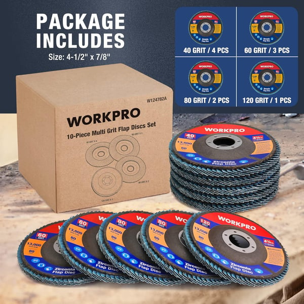 WORKPRO 10Pack Flap Discs 412inch Arbor Size 78inch T29 Zirconia Abrasive Grinding Wheel and Flap Sanding Disc Includes 406080120 GritsMulti Grit 100