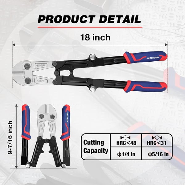 WORKPRO 18Inch Foldable Bolt Cutter TriMaterial Handle with Comfort Grip Chrome Vanadium Steel Blade for Rods Bolts Rivets Wires Cables and ChainsFoldable