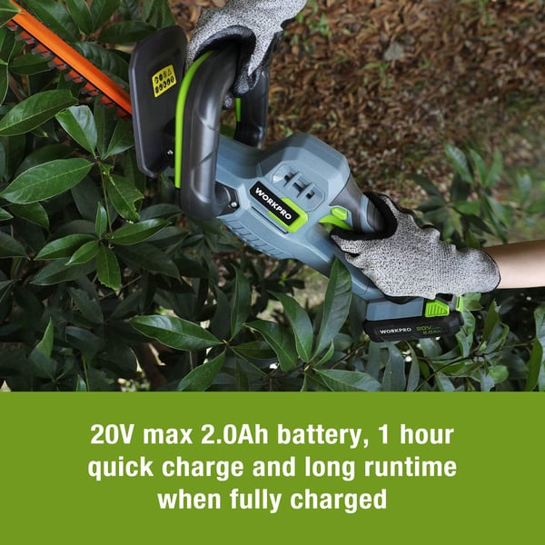 WORKPRO 20V Cordless Hedge Trimmer 20 Dual Action Blades Electric Gardening Trimmer 20Ah Battery 1 Hour Quick Charger Included Great Garden GiftsWORKPRO 20V Cordless Hedge Trimmer 20 Dual Action Blades Electric Gardening Trimmer 20Ah Battery 1 Hour Quick Charger Included Great Garden Gifts