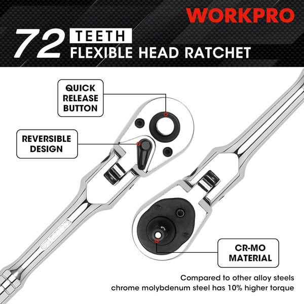 WORKPRO 2Piece Flex Head Ratchet Set 14 38 Drive 72Tooth Ratchet with Chromium Plating Quick Release Reversible Design 5 Degree Swing12 Drive