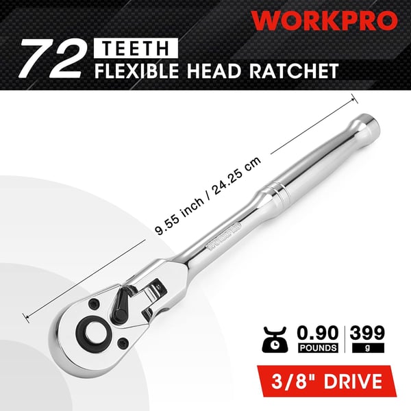 WORKPRO 2Piece Flex Head Ratchet Set 14 38 Drive 72Tooth Ratchet with Chromium Plating Quick Release Reversible Design 5 Degree Swing38 Drive