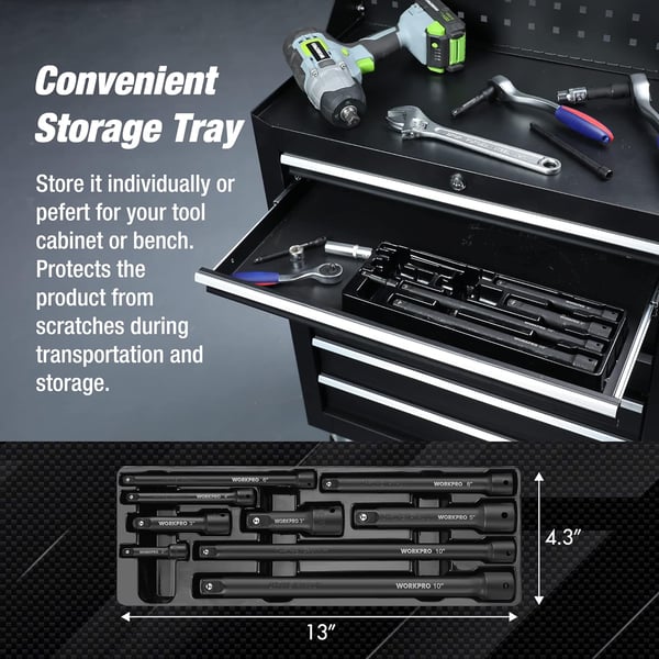 WORKPRO 9 PCS Impact Driver Extension Bar Set 14 38 and 12 Drive Socket Extension Premium Chrome Vanadium Steel with Black Phosphate Finish Storage Tray IncludedWORKPRO 9 PCS Impact Driver Extension Bar Set 14 38 and 12 Drive Socket Extension Premium Chrome Vanadium Steel with Black Phosphate Finish Storage Tray Included