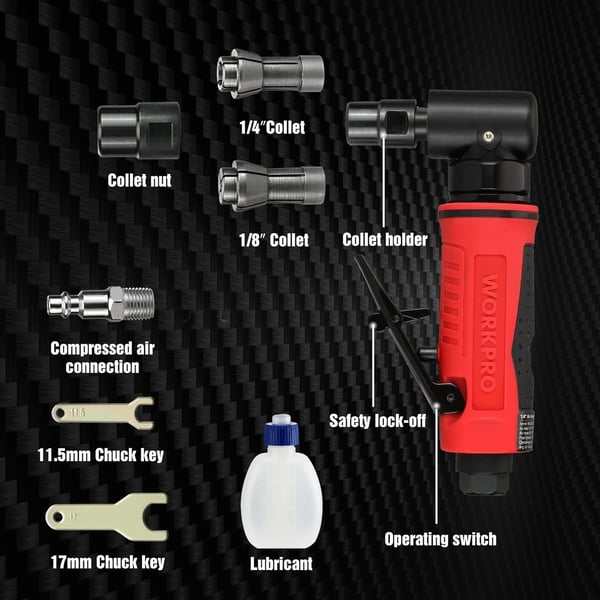 WORKPRO Air Angle Die Grinder 14Inch Pneumatic Right Angle Die Grinder 20000RPM AirPowered 90 Degree for Grinding Cutting Polishing Welding Repair Deburring 14 amp 18 Collets IncludedRight Angle