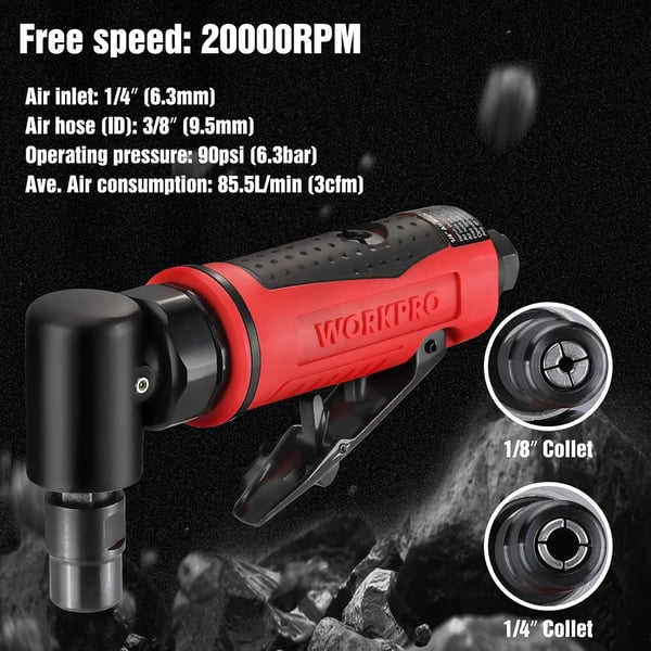 WORKPRO Air Angle Die Grinder 14Inch Pneumatic Right Angle Die Grinder 20000RPM AirPowered 90 Degree for Grinding Cutting Polishing Welding Repair Deburring 14 amp 18 Collets IncludedRight Angle