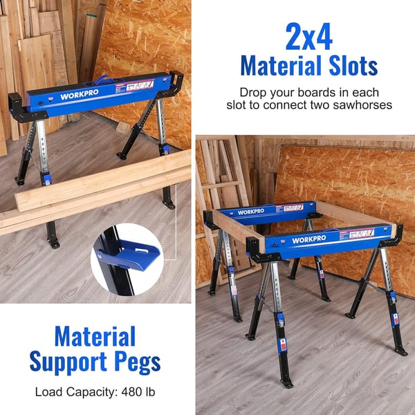 WORKPRO Folding Sawhorse 2Pack Adjustable Heavy Duty Saw horse with 2x4 Support Arms 3000 lbs Load Capacity 2432 inch Height Adjustable Legs Pivoting Feet amp Support Pegs2Pack Upgraded