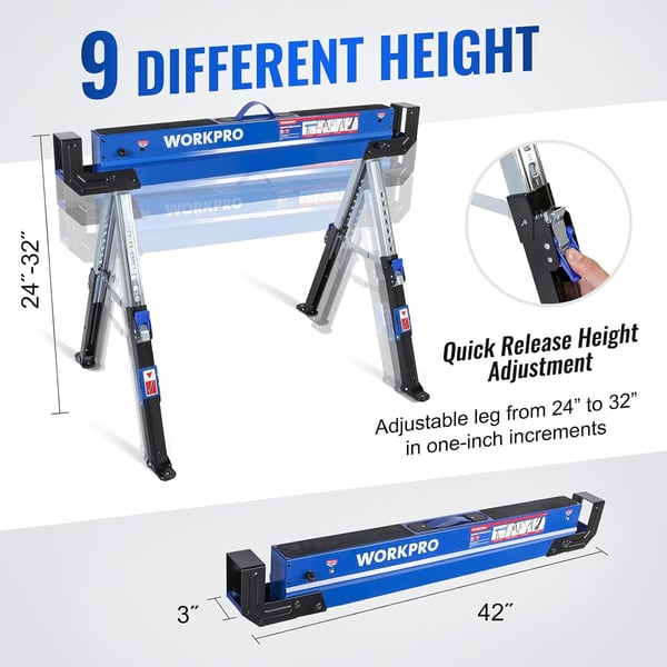 WORKPRO Folding Sawhorse 2Pack Adjustable Heavy Duty Saw horse with 2x4 Support Arms 3000 lbs Load Capacity 2432 inch Height Adjustable Legs Pivoting Feet amp Support Pegs2Pack Upgraded