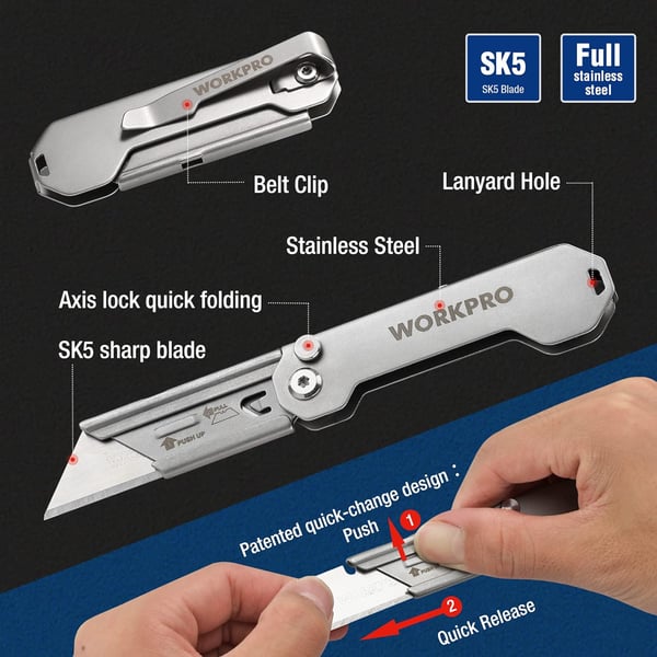 WORKPRO Folding Utility Knife Quick Change Blades Box Cutter 3Pack EDC Foldable Pocket Utility Knife Sets with Belt ClipWORKPRO Folding Utility Knife Quick Change Blades Box Cutter 3Pack EDC Foldable Pocket Utility Knife Sets with Belt Clip