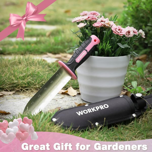 WORKPRO Hori Hori Garden Knife 7 Stainless Steel Blade with Cutting Edge Garden Tools with Oxford Sheath Ergonomic TRP Handle with Hanging Hole for Weeding Planting Digging PinkPink