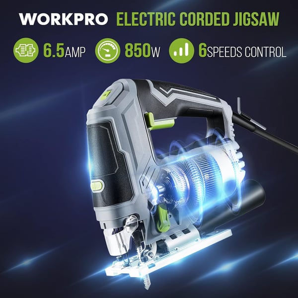 WORKPRO Jigsaw 65AMP 850W Corded Electric Jig Saw Tool Kit with 6 Variable Speeds 7 Blades 45 Bevel Cutting LED Light 3000 SPM 4 Orbital Settings Edge Guide Toolfree Blade ChangingWORKPRO Jigsaw 65AMP 850W Corded Electric Jig Saw Tool Kit with 6 Variable Speeds 7 Blades 45 Bevel Cutting LED Light 3000 SPM 4 Orbital Settings Edge Guide Toolfree Blade Changing