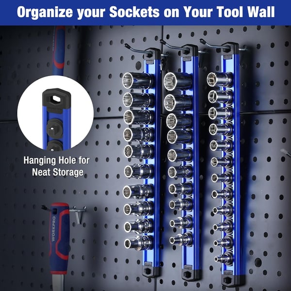 WORKPRO Magnetic Socket Organizer Set 3Piece Aluminum Alloy Socket Rail Heavy Duty Socket Holder Socket Rack Kit 14Inch x 12 Clips 38Inch x 10 Clips 12Inch x 10 Clips Blue3 Pieces14 38 amp 12 DR Blue