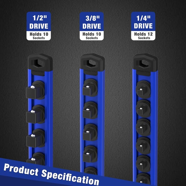 WORKPRO Magnetic Socket Organizer Set 3Piece Aluminum Alloy Socket Rail Heavy Duty Socket Holder Socket Rack Kit 14Inch x 12 Clips 38Inch x 10 Clips 12Inch x 10 Clips Blue3 Pieces14 38 amp 12 DR Blue