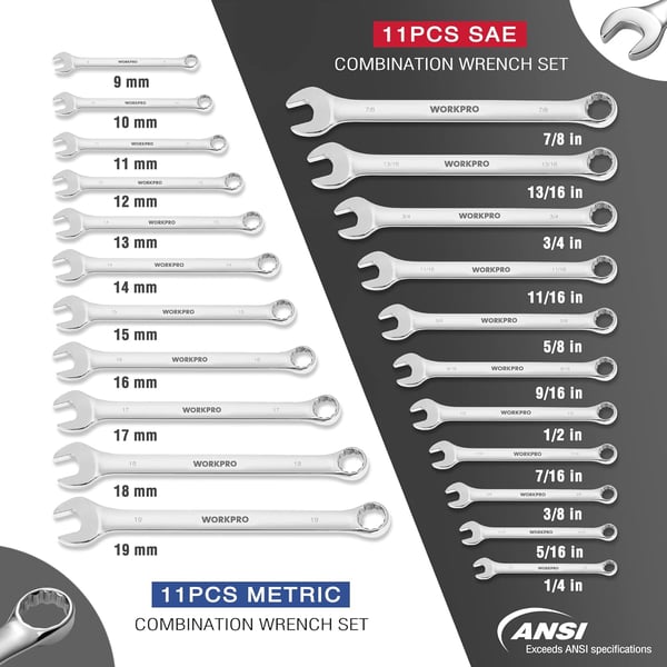 WORKPRO Mechanics Wrench Set Metric and Standard 22PCS Complete Combination Wrenches Set SAE 14 to 78 Metric 9mm to 19mm Automotive Wrench Set with Rack OrganizerWORKPRO Mechanics Wrench Set Metric and Standard 22PCS Complete Combination Wrenches Set SAE 14 to 78 Metric 9mm to 19mm Automotive Wrench Set with Rack Organizer