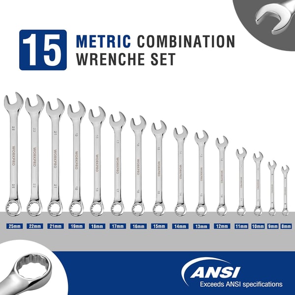 WORKPRO Metric Combination Wrench Set CRV Steel 15PCS Complete Sizes from 8 to 25mm with Rack Organizer Open End and 12Point Box End Mechanic Wrenches Mirror Chrome FinishMetric