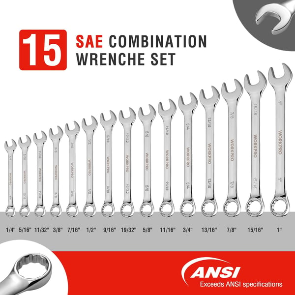 WORKPRO Metric Combination Wrench Set CRV Steel 15PCS Complete Sizes from 8 to 25mm with Rack Organizer Open End and 12Point Box End Mechanic Wrenches Mirror Chrome FinishSAE