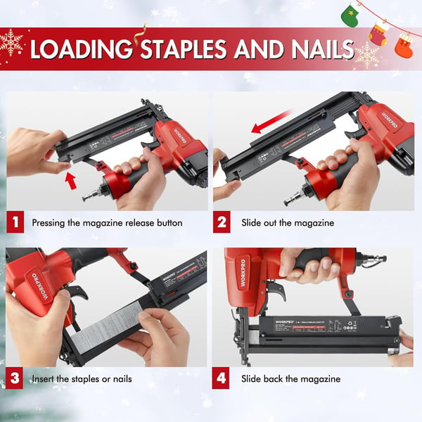 WORKPRO Pneumatic Brad Nailer 18 GA 2 in 1 Nail Gun and Crown Stapler with 400pcs Nails 300pcs Staples for Carpentry DIY Project WoodworkingWORKPRO Pneumatic Brad Nailer 18 GA 2 in 1 Nail Gun and Crown Stapler with 400pcs Nails 300pcs Staples for Carpentry DIY Project Woodworking