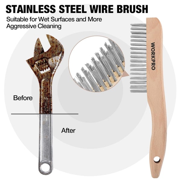 WORKPRO Wire Brush Set 6 Pcs BrassStainless Steel Wire Scratch Brush Set Small Large Size with Beechwood Handle for Cleaning Rust Paint and Welding SlagWORKPRO Wire Brush Set 6 Pcs BrassStainless Steel Wire Scratch Brush Set Small Large Size with Beechwood Handle for Cleaning Rust Paint and Welding Slag