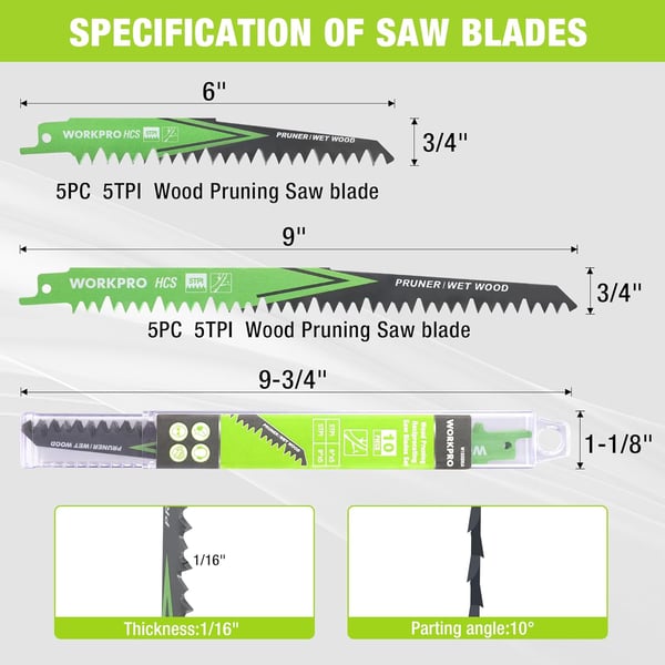 WORKPRO Wood Pruning Reciprocating Saw Blade Set 69 Inch Pruner Saw Blades with 5TPI High Carbon Steel Designed for Fast amp Clean Pruning and Cutting Wood Organizer Case Included10 PiecesGreenampBlack 5TPI 69 Inch10Piece