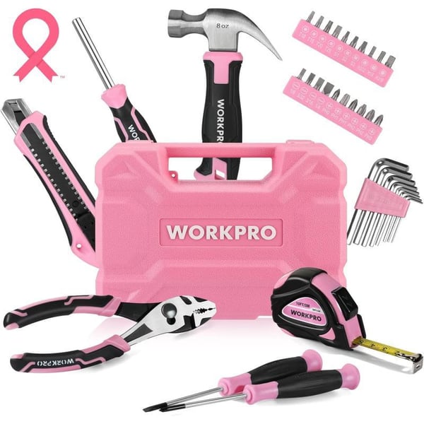 WORKPRO 35Piece Pink Tools Set Household Tool Kit with Storage Toolbox Basic Tool Set for Home Garage Apartment Dorm New House Back to School and as a Gift  Pink RibbonPink