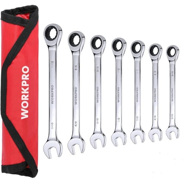 WORKPRO 7Piece Ratcheting Combination Wrench Set 72 Teeth Combo Ratchet Wrenches Set with Roll Up Pouch Metric 8mm17mmSAE