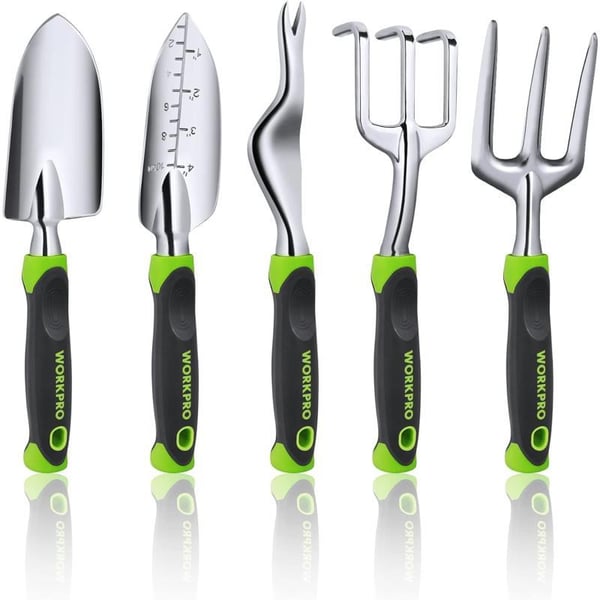 WORKPRO Garden Tool Set 5 Pieces Gardening Work Gifts Cast Aluminum Outdoor Hand Tools Kit for Men and Women Including Trowel Transplanter Weeder Hand Fork CultivatorGreen