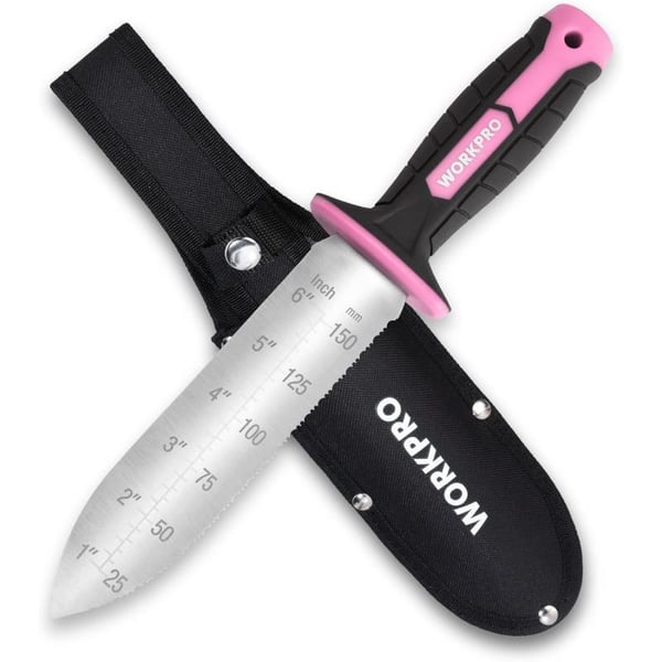 WORKPRO Hori Hori Garden Knife 7 Stainless Steel Blade with Cutting Edge Garden Tools with Oxford Sheath Ergonomic TRP Handle with Hanging Hole for Weeding Planting Digging PinkPink