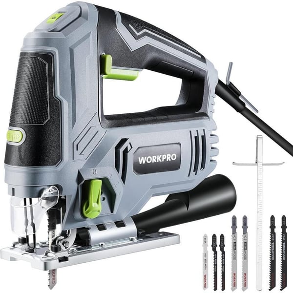 WORKPRO Jigsaw 65AMP 850W Corded Electric Jig Saw Tool Kit with 6 Variable Speeds 7 Blades 45 Bevel Cutting LED Light 3000 SPM 4 Orbital Settings Edge Guide Toolfree Blade ChangingWORKPRO Jigsaw 65AMP 850W Corded Electric Jig Saw Tool Kit with 6 Variable Speeds 7 Blades 45 Bevel Cutting LED Light 3000 SPM 4 Orbital Settings Edge Guide Toolfree Blade Changing