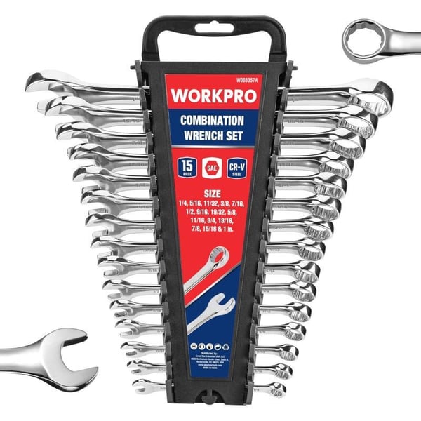 WORKPRO Metric Combination Wrench Set CRV Steel 15PCS Complete Sizes from 8 to 25mm with Rack Organizer Open End and 12Point Box End Mechanic Wrenches Mirror Chrome FinishSAE