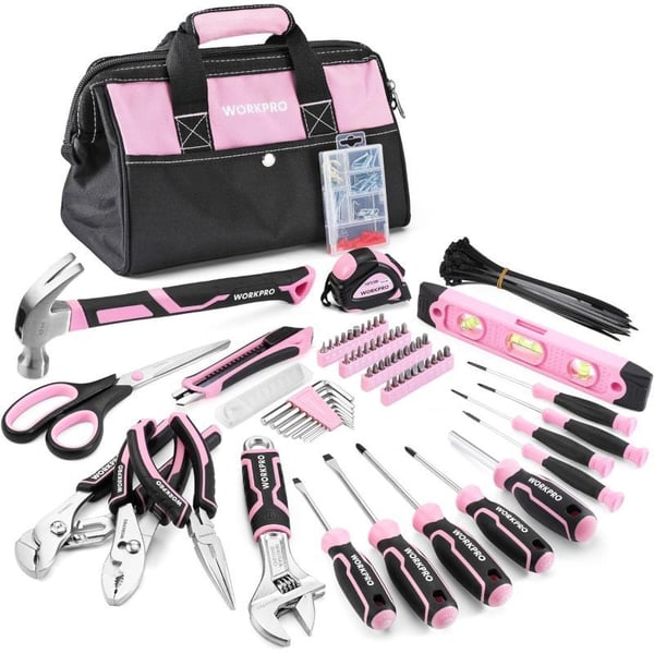 WORKPRO Pink Tool Set 277 PCS Apartment Essentials Hand Tool Bag Set with 13Inch Wide Mouth Open Storage Bag Portable Home Tool Kit Including Hammer Screwdriver and Household Tools  Pink RibbonWORKPRO Pink Tool Set 277 PCS Apartment Essentials Hand Tool Bag Set with 13Inch Wide Mouth Open Storage Bag Portable Home Tool Kit Including Hammer Screwdriver and Household Tools  Pink Ribbon