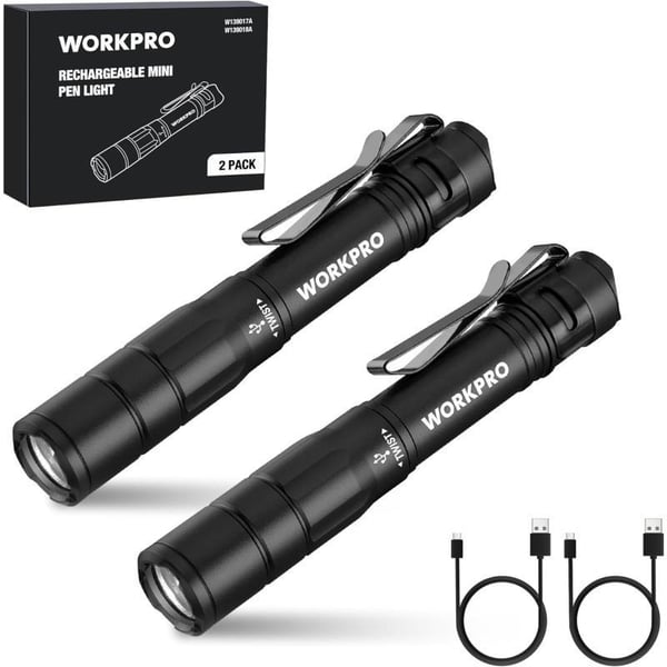 WORKPRO Rechargeable Pen Light Mini Flashlight 2 Pack UltraCompact EDC Flashlight Pocket Flashlight with Clip Memory Function and 2 x USB C Cable Included BlackBlack